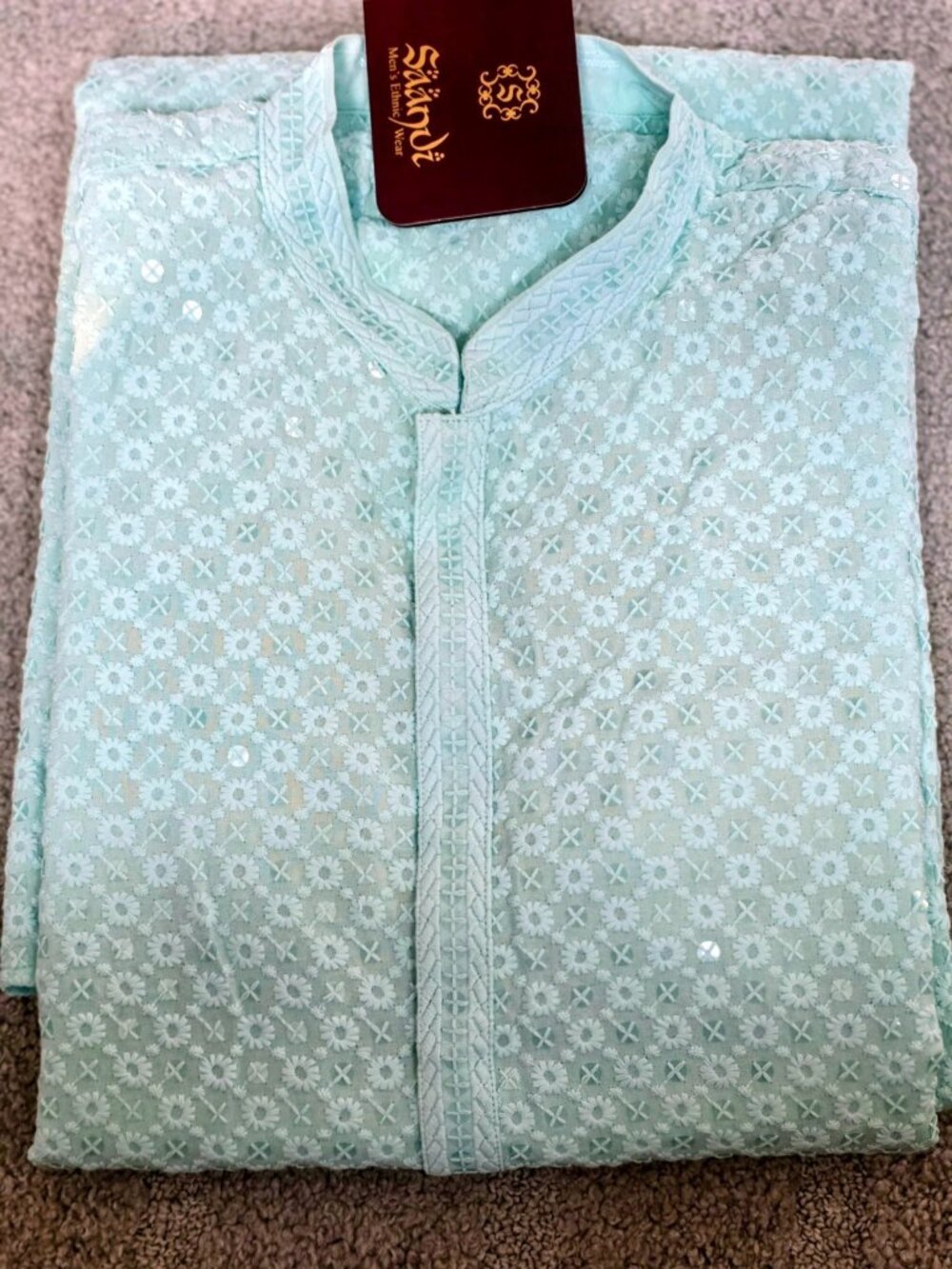 Mens Mint Green Chikankari Kurta 36 Sequin Lucknowi Festive NWT